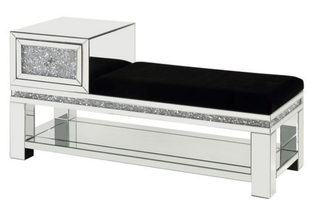 Noralie Black Upholstered/Mirrored Bench with Drawer & Shelf