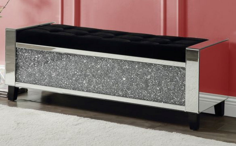 Noralie Black Upholstered/Mirrored Bench with Storage