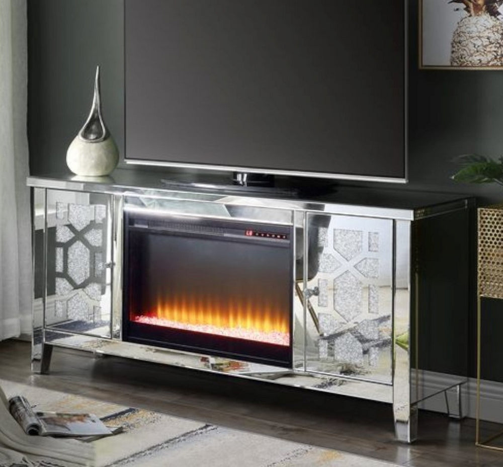 Noralie Mirrored 2-Door TV Stand with Fireplace