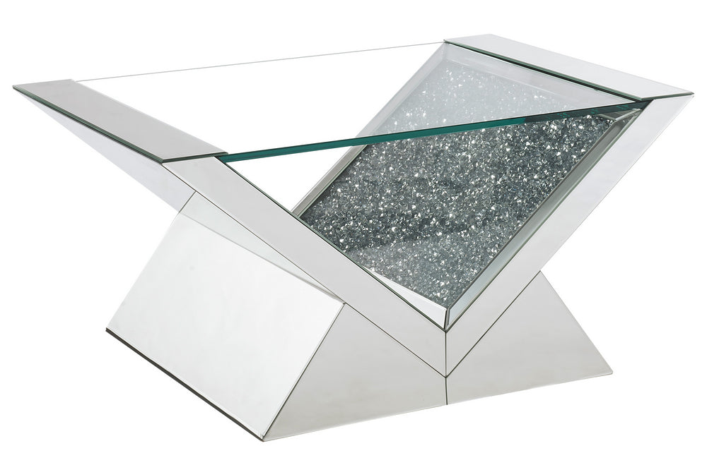 Noralie Mirrored/Faux Diamonds Coffee Table with Clear Glass Top