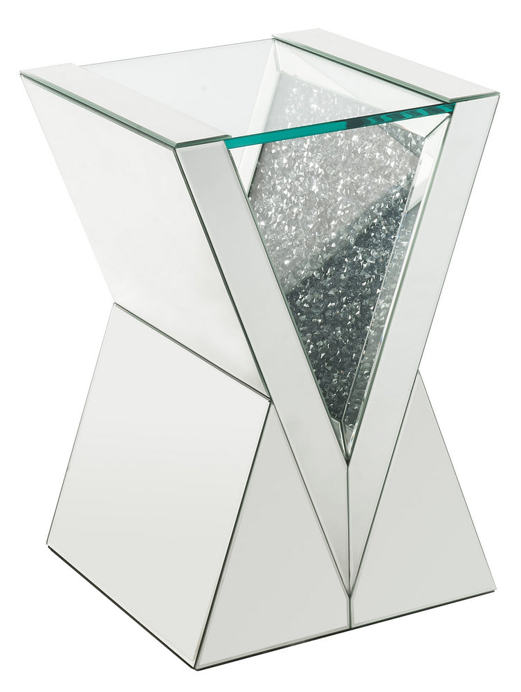 Noralie Mirrored/Faux Diamonds End Table with Clear Glass Top