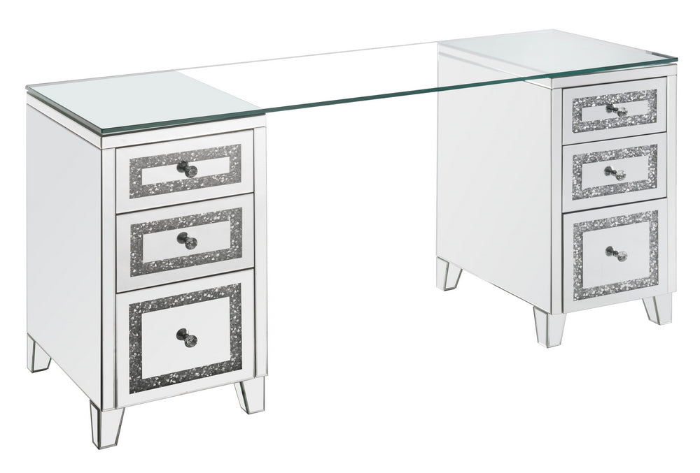 Noralie Mirrored/Glass 6-Drawer Writing Desk with Faux Diamonds