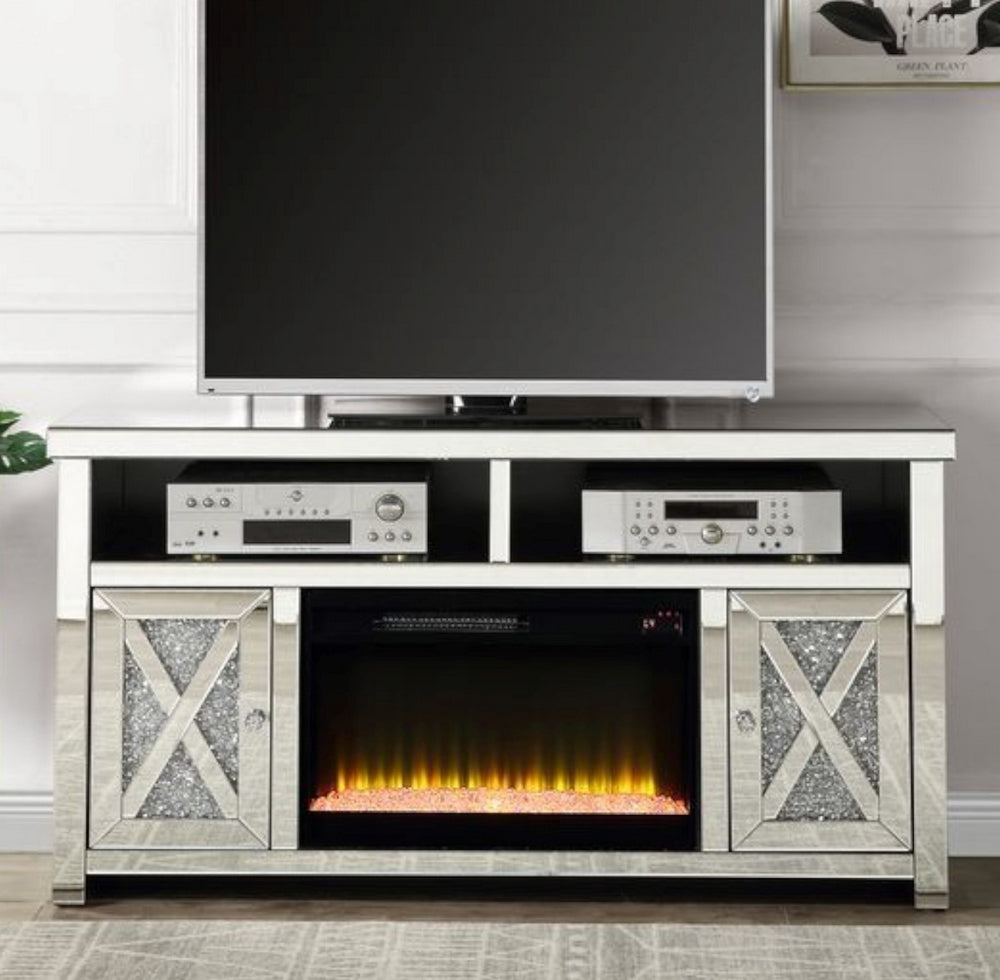 Noralie Mirrored TV Stand with Fireplace & 2 Open Shelves