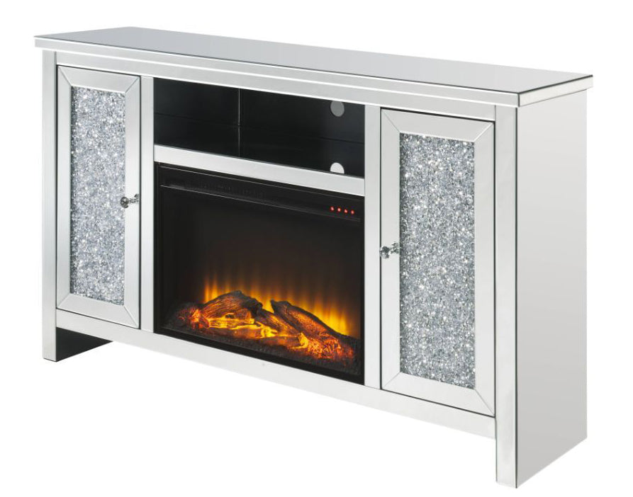 Noralie Mirrored TV Stand with LED Fireplace & Faux Diamonds