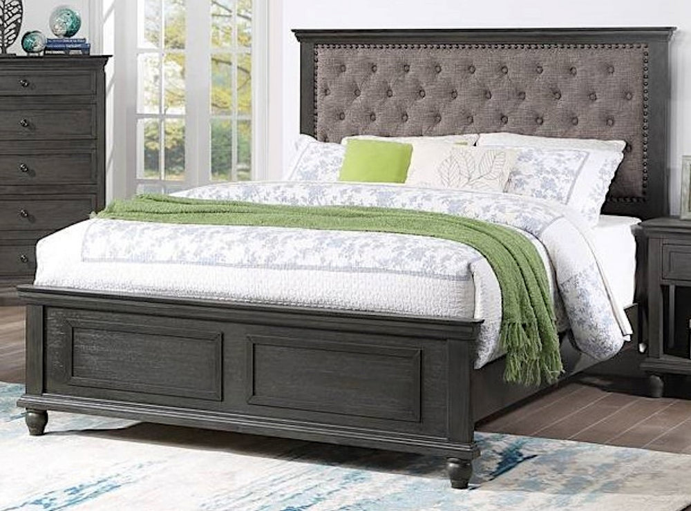 Ortrun Brown Wood Cal King Bed w/ Fabric Insert (Oversized)