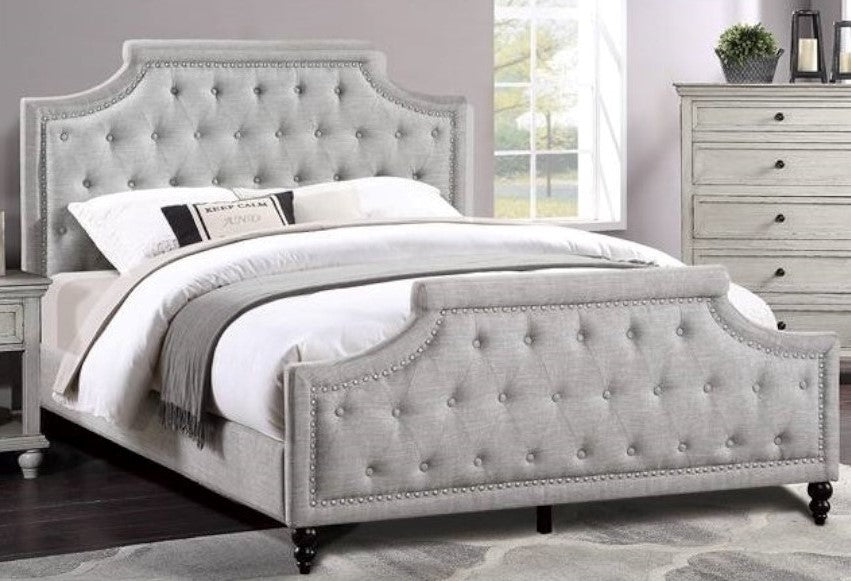 Ortrun Grey Fabric Button Tufted Cal King Bed