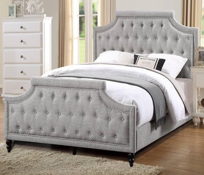 Ortrun Grey Fabric Button Tufted Queen Bed