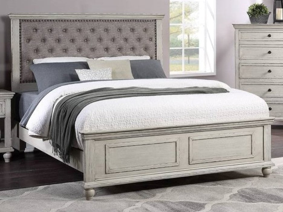 Ortrun Grey Wood Cal King Bed w/ Fabric Insert (Oversized)