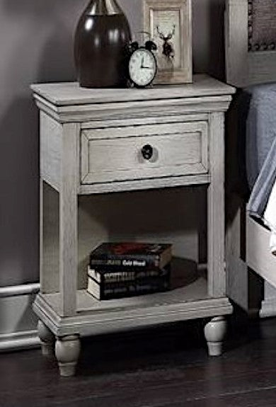 Ortrun Grey Wood Nightstand with Drawer & Bottom Shelf