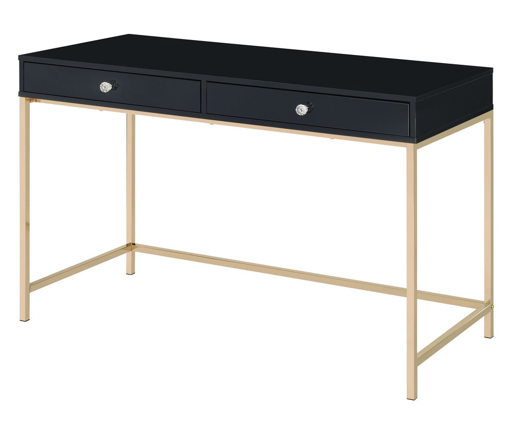 Ottey Black High Gloss Wood/Gold Metal 2-Drawer Office Desk