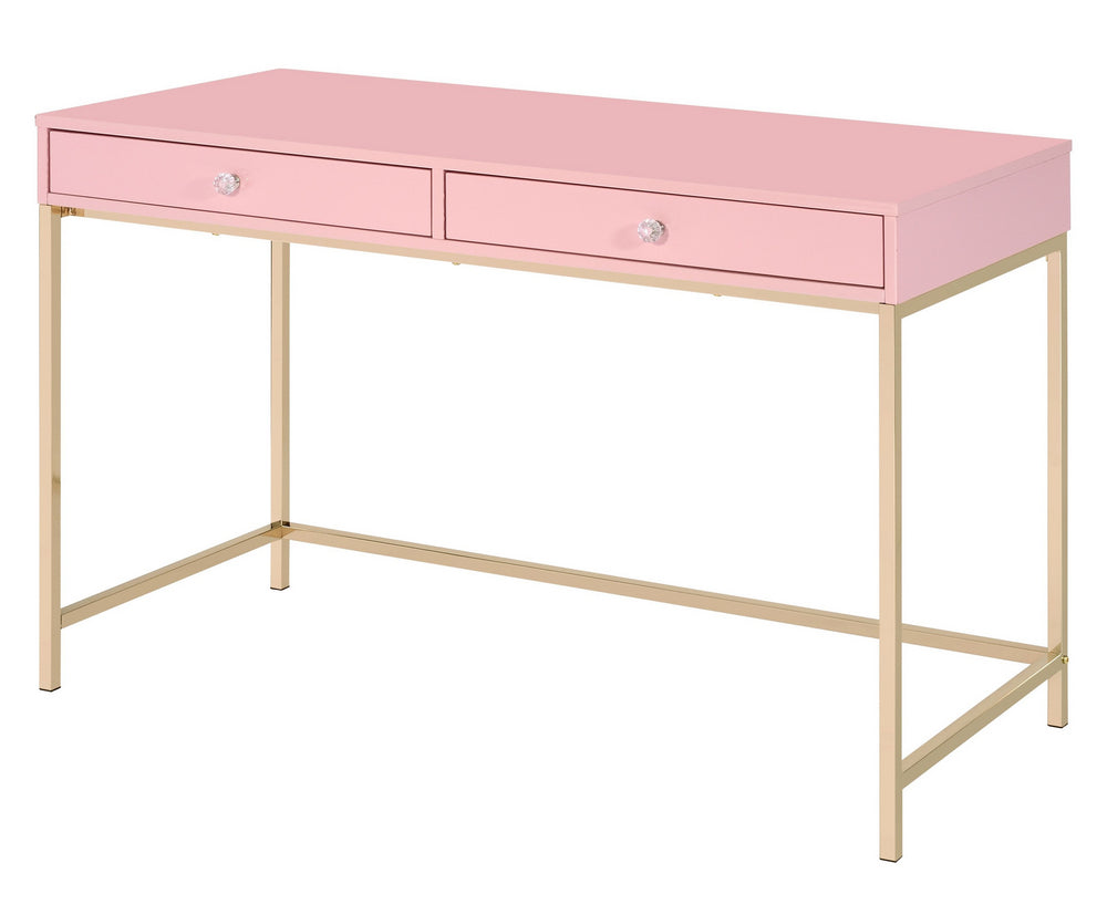 Ottey Pink High Gloss Wood/Gold Metal 2-Drawer Office Desk