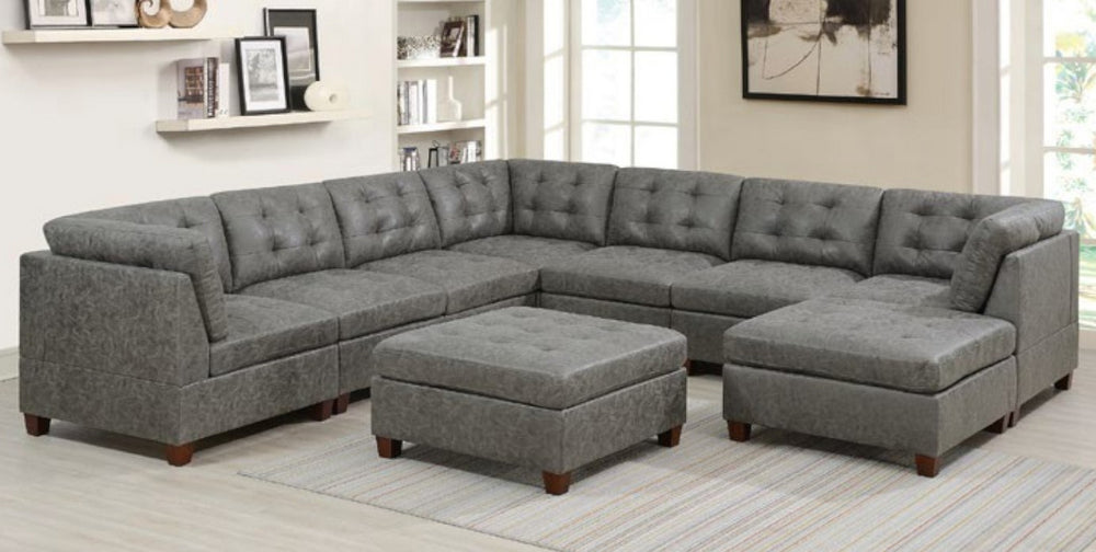 Pavica Grey Leatherette Modular Sectional w/ Ottomans