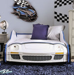 Poe Car Design Blue/White Wood Twin Bed