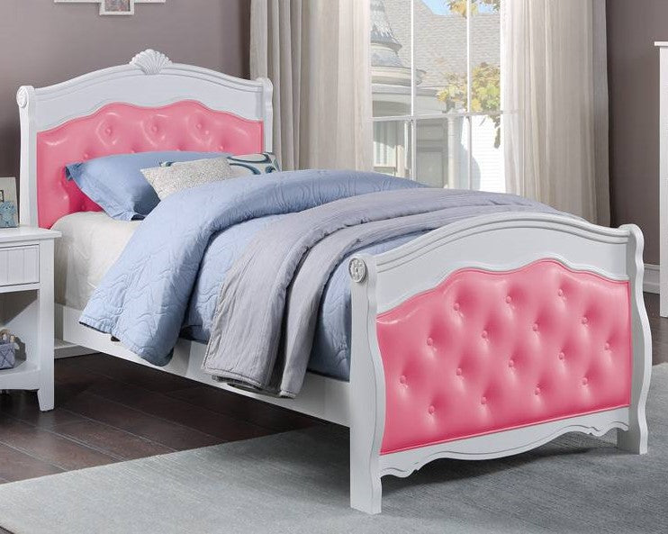 Puteri White Wood/Pink Faux Leather Twin Bed