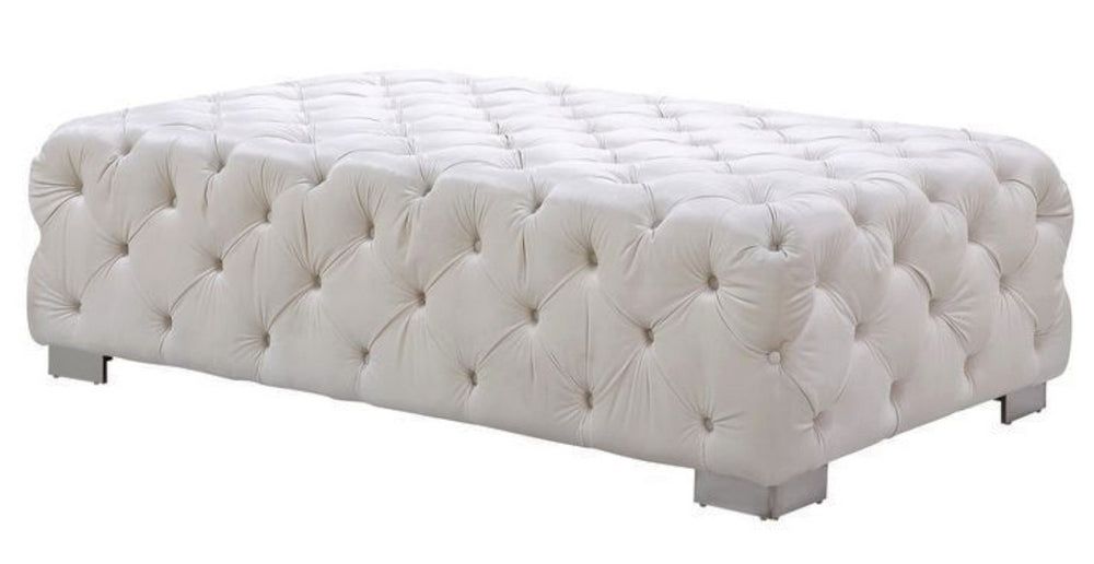 Qokmis Beige Velvet Tufted Ottoman