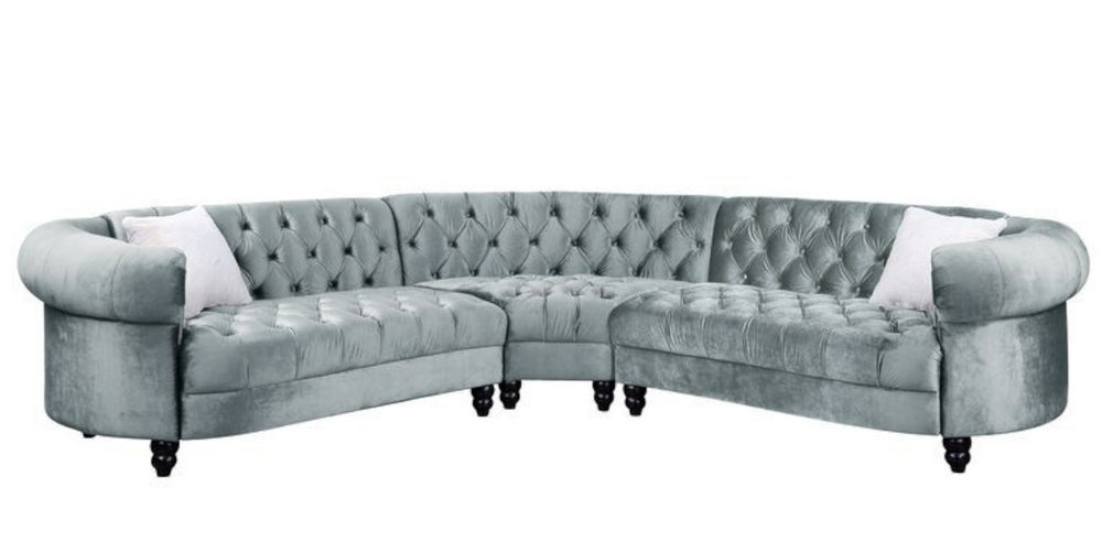 Qulan 3-Pc Light Blue Velvet Tufted Sectional Sofa