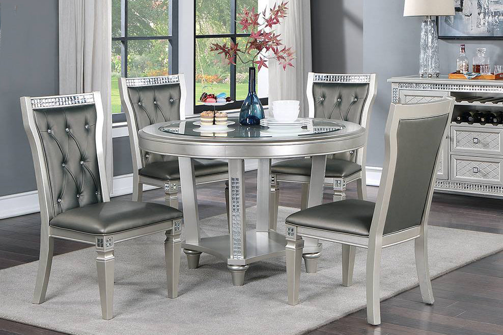 Belinda 5-Pc Vibrant Silver Wood/Dark Gray Faux Leather Dining Table Set