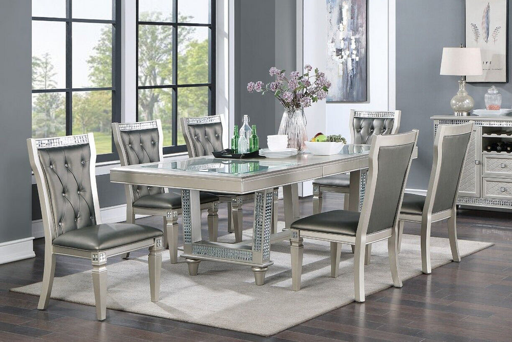 Belinda 7-Pc Vibrant Silver Wood/Dark Gray Faux Leather Dining Table Set