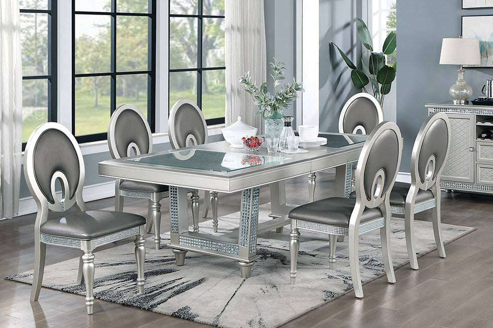 Belinda 7-Pc Silver Wood/Dark Gray Faux Leather Dining Table Set