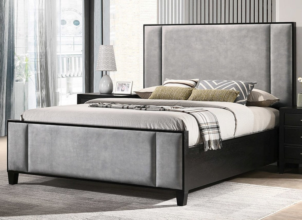 Romeo Grey Fabric/Wenge Black Wood Queen Bed