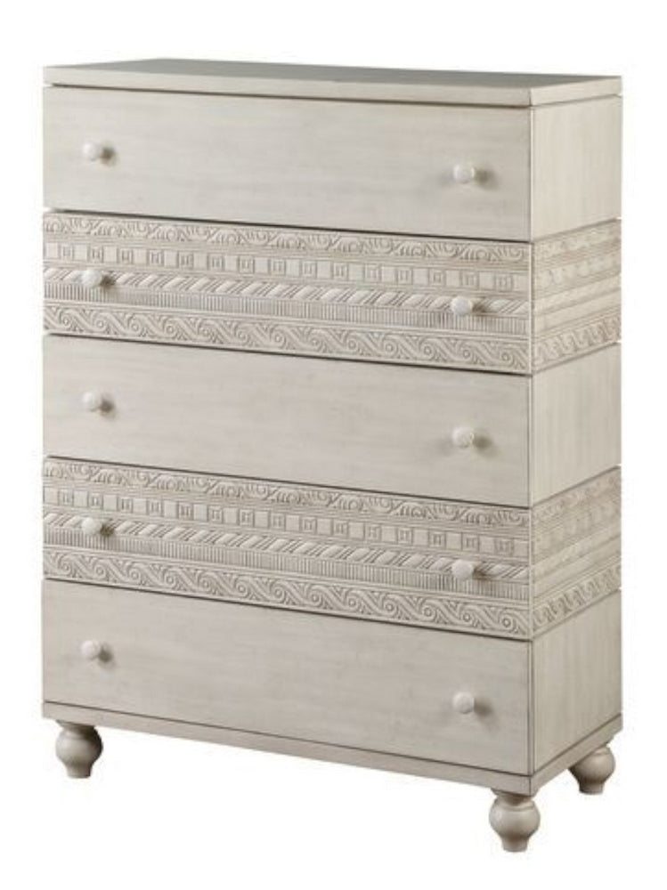 Roselyne Antique White Wood 5-Drawer Chest