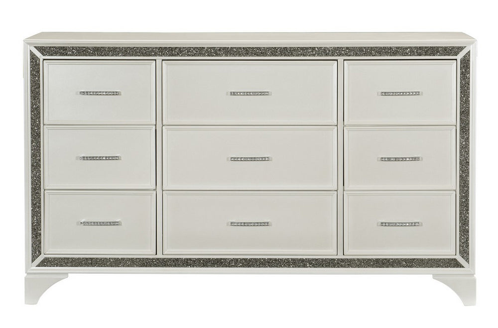 Salon Pearl White Metallic Wood 9-Drawer Dresser