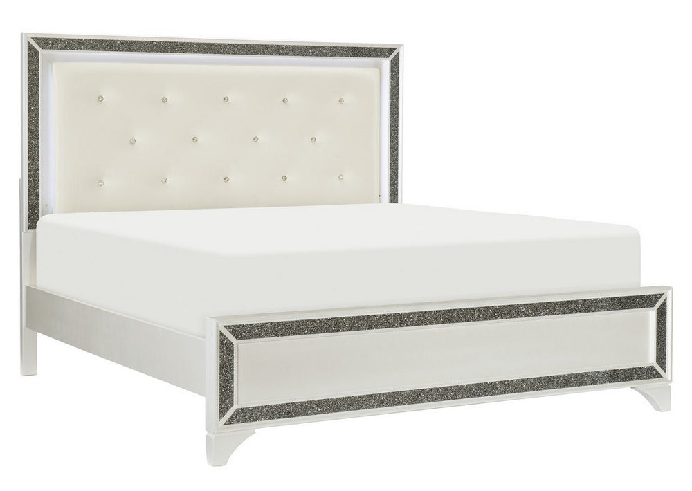 Salon Pearl White Metallic Wood Cal King Bed with LED