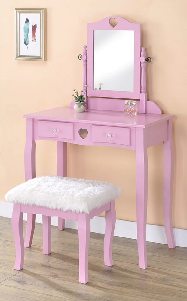 Sammi 3-Pc Pink Wood/Fluffy Fabric Vanity Table Set