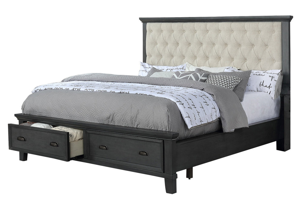 Sandy Beige Fabric/Gray Wood Queen Bed