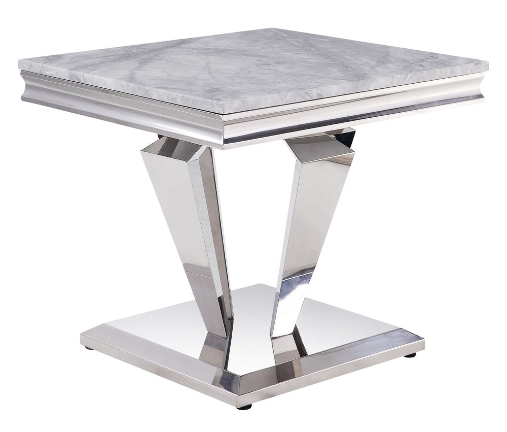 Satinka Light Gray Printed Faux Marble/Silver End Table