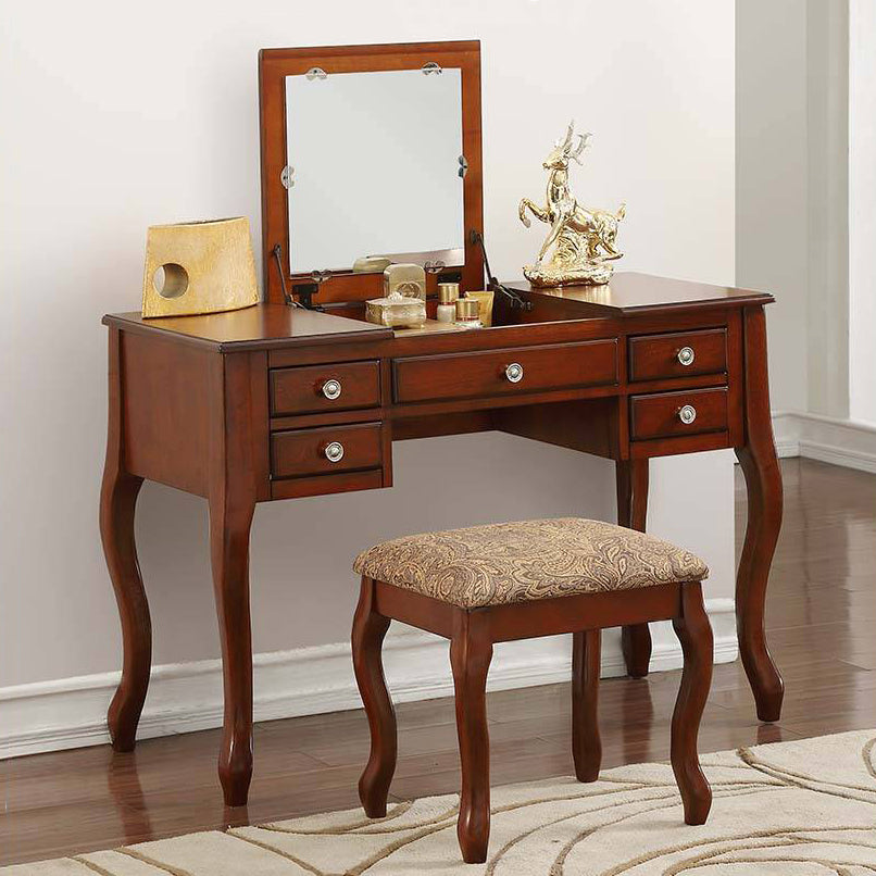 Sheri 3-Pc Cherry Wood/Fabric Vanity Set