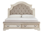 Realyn Neutral Fabric/Chipped White Wood Queen Storage Bed