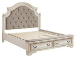 Realyn Neutral Fabric/Chipped White Wood Queen Storage Bed