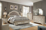 Realyn Neutral Fabric/Chipped White Wood Queen Storage Bed