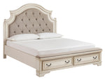 Realyn Neutral Fabric/Chipped White Wood Queen Storage Bed