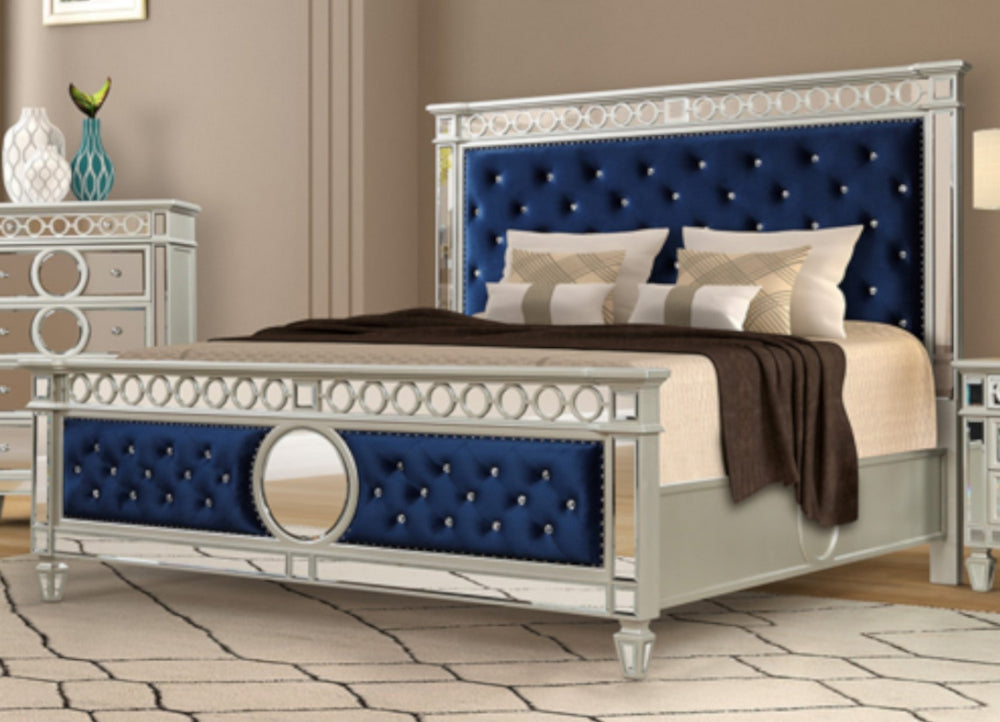 Silvana Blue Fabric/Silver Wood Queen Bed