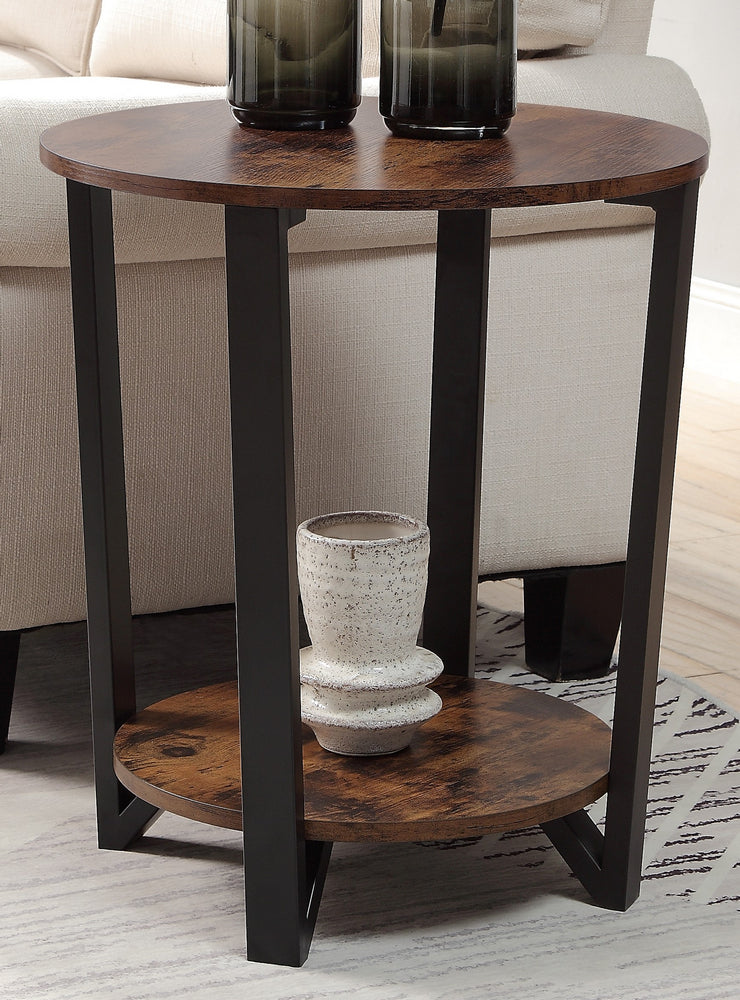 Taurus Rustic Oak Wood/Black Metal Round Accent Table