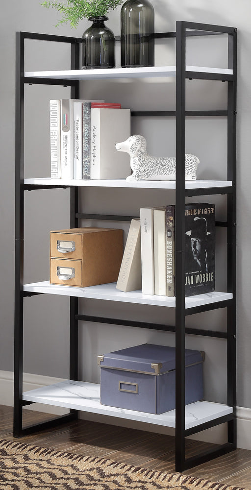 Taurus White Faux Marble Print Wood/Black Metal Bookshelf