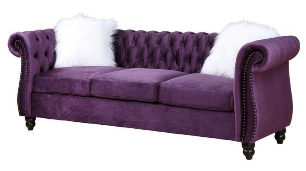 Thotton Purple Velvet Tufted Sofa with Rolled Arms