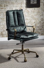 Tinzud Dark Green Top Grain Leather Swivel Office Chair