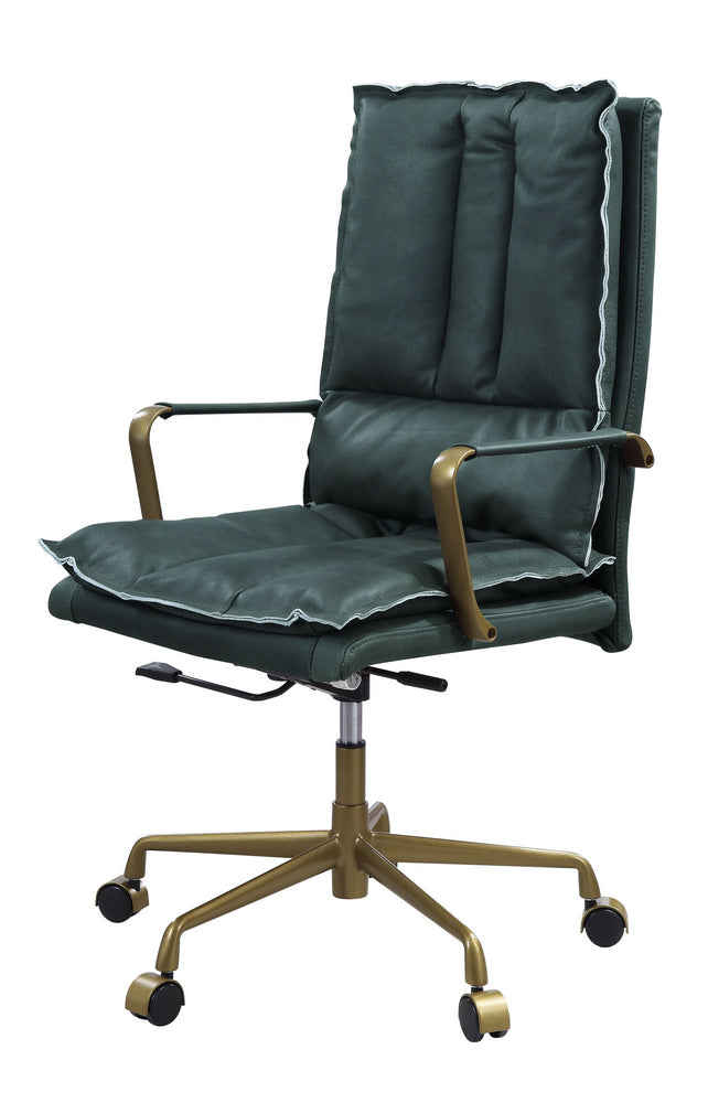 Tinzud Dark Green Top Grain Leather Swivel Office Chair