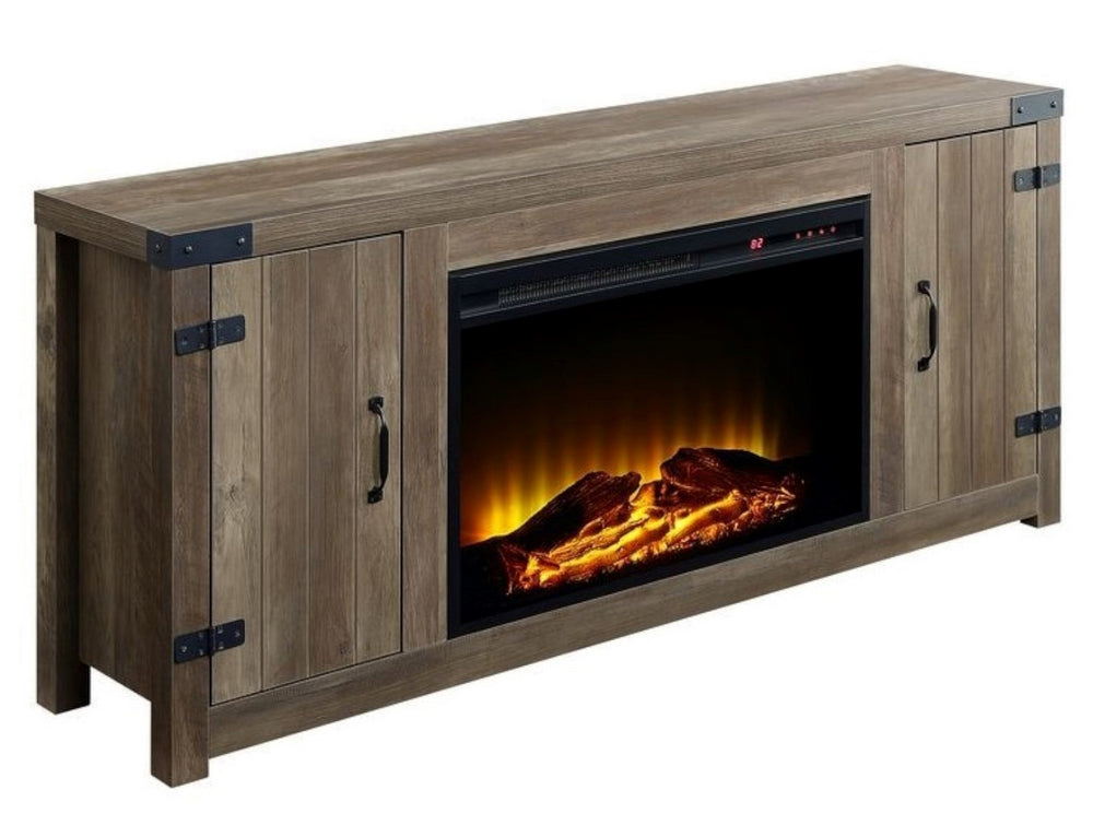 Tobias Rustic Oak Wood TV Stand with Fireplace