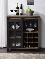 Treju Rustic Oak Wood Wine Cabinet with Glass Sliding Barn Door