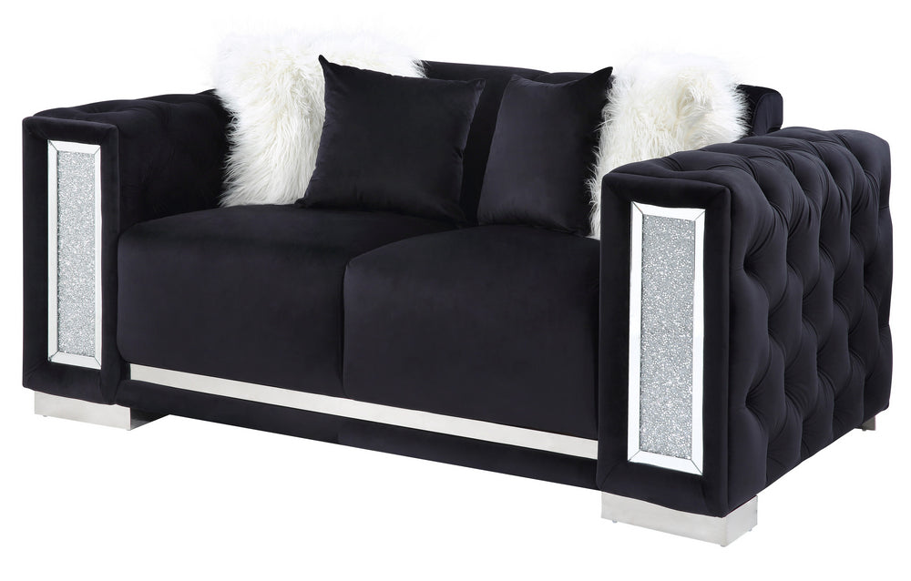 Trislar Black Velvet Tufted Loveseat with Mirrored Trim