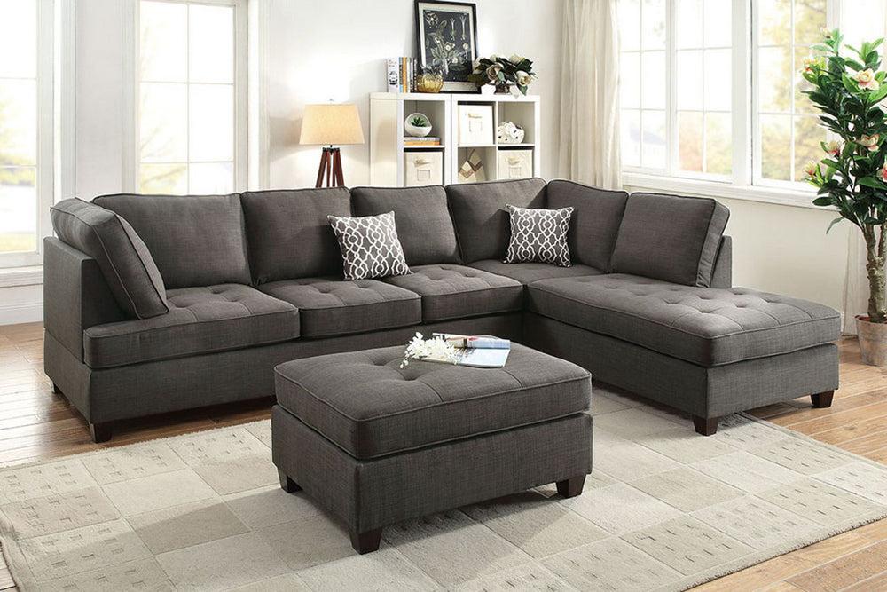 Vanessa Ash Black Fabric Reversible Sectional with Ottoman