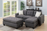 Vanna Blue Grey Linen-Like Fabric Reversible Sectional with Ottoman