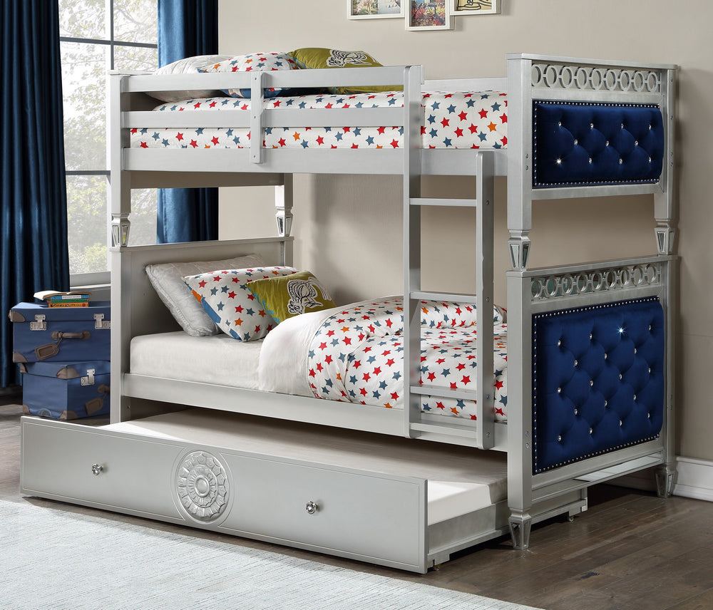 Varian Blue Velvet/Silver Wood Twin Bunk Bed with Trundle