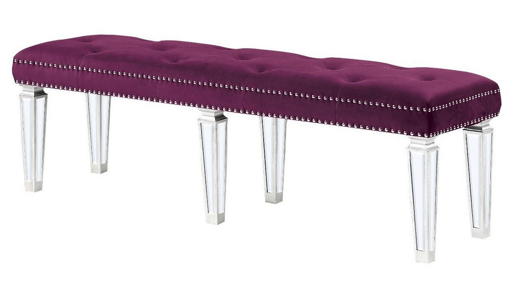 Varian Burgundy Velvet/Mirrored Bench with Nailhead Trim