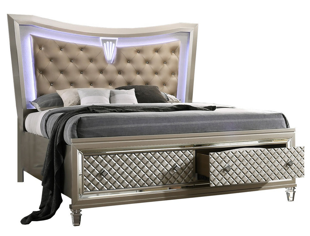 Venetian Champagne Wood Cal King Bed with LED