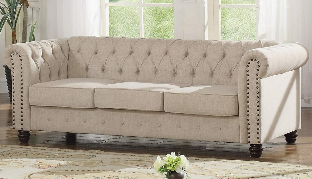 Venice Beige Fabric Tufted Sofa with Rolled Arms